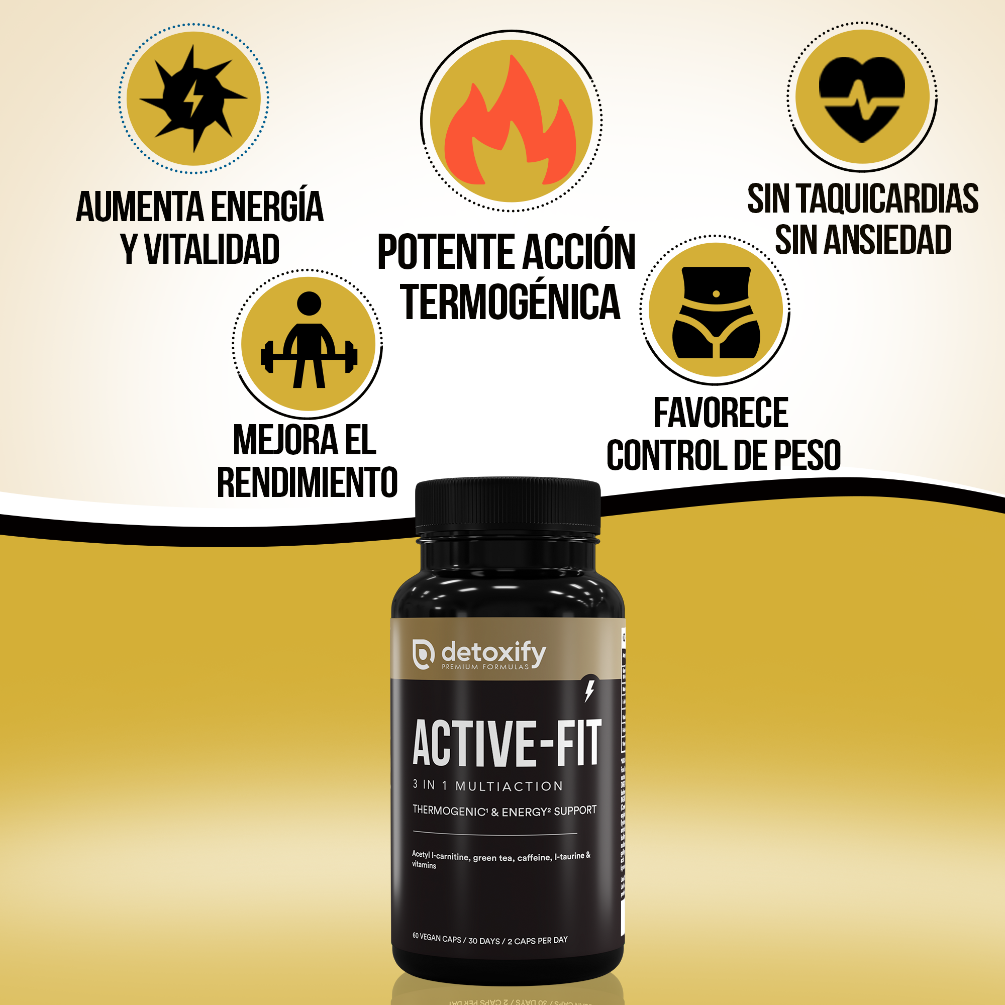 Detoxify Active-Fit | Termogénico | L-Carnitina, Té verde | 60 Cápsulas | 30 Días