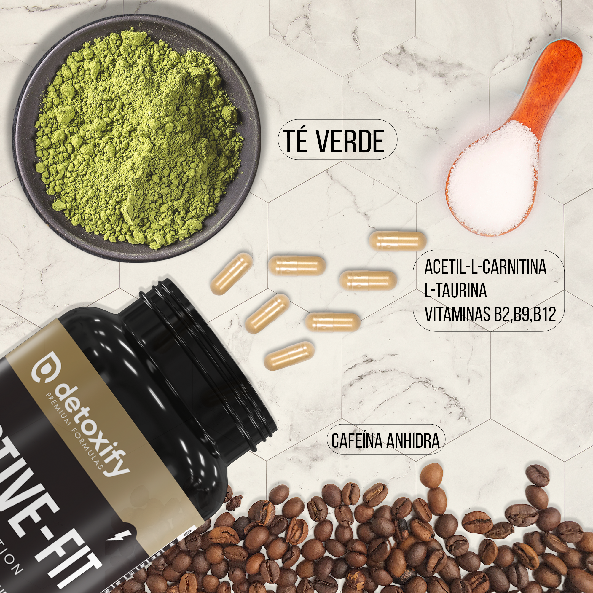 Detoxify Active-Fit | Termogénico | L-Carnitina, Té verde | 60 Cápsulas | 30 Días