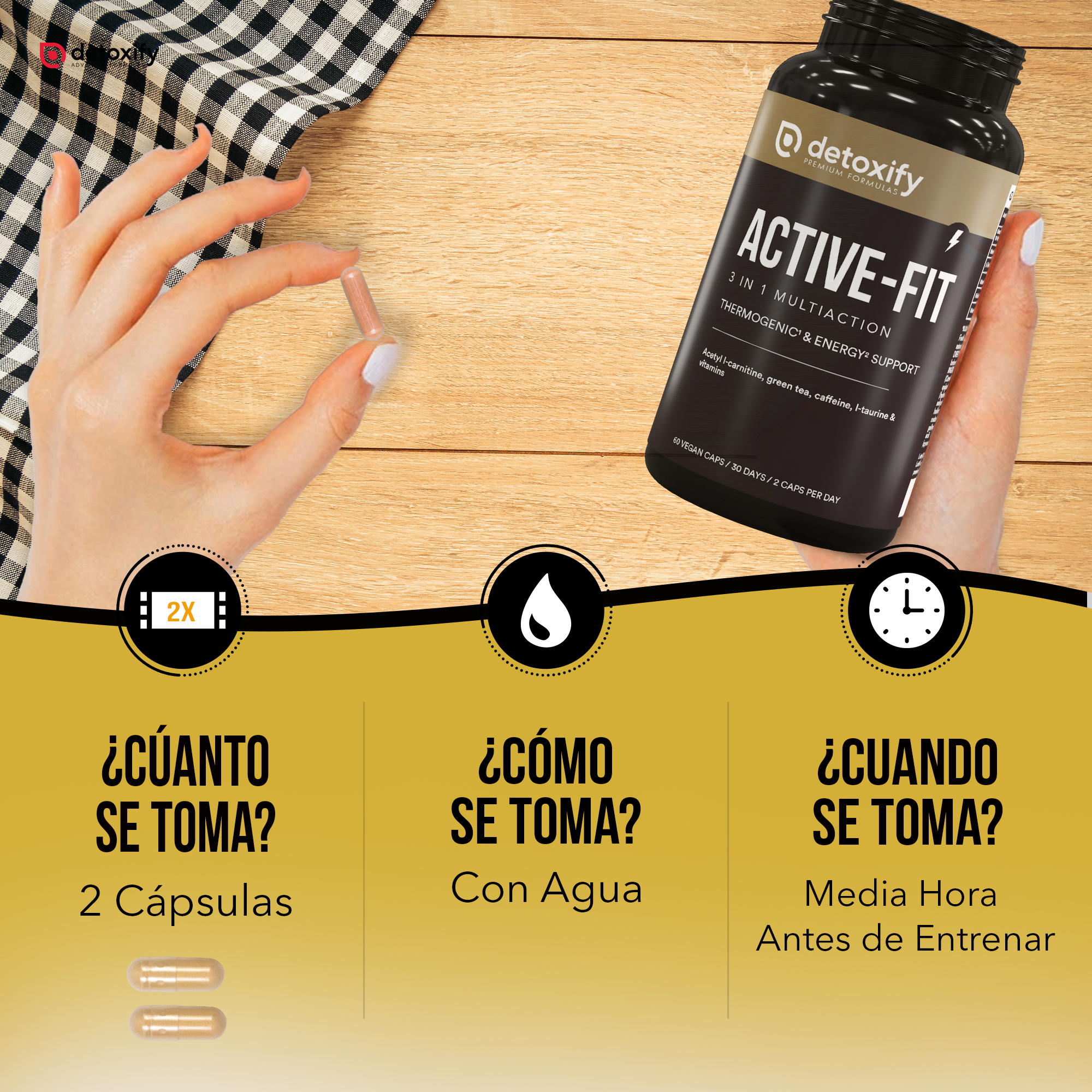 Detoxify Active-Fit | Termogénico | L-Carnitina, Té verde | 60 Cápsulas | 30 Días