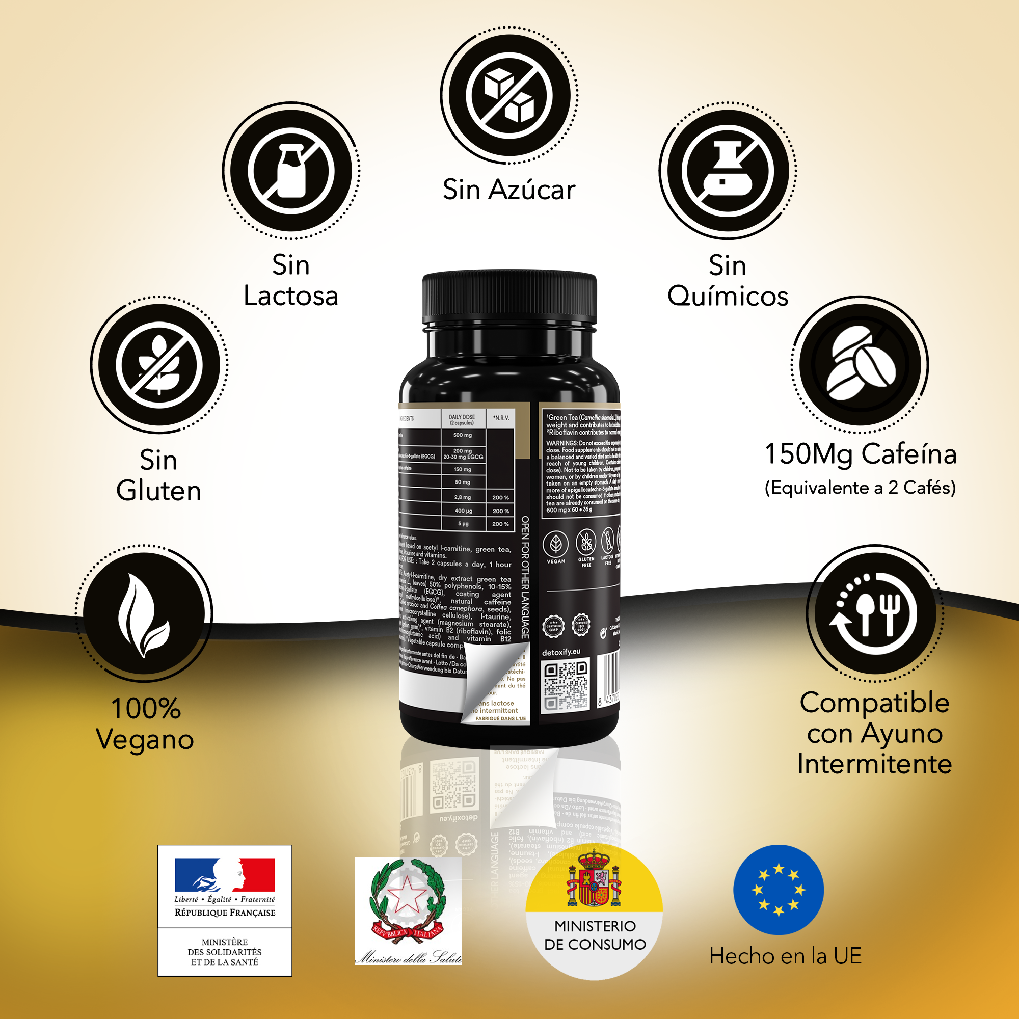 Detoxify Active-Fit | Termogénico | L-Carnitina, Té verde | 60 Cápsulas | 30 Días