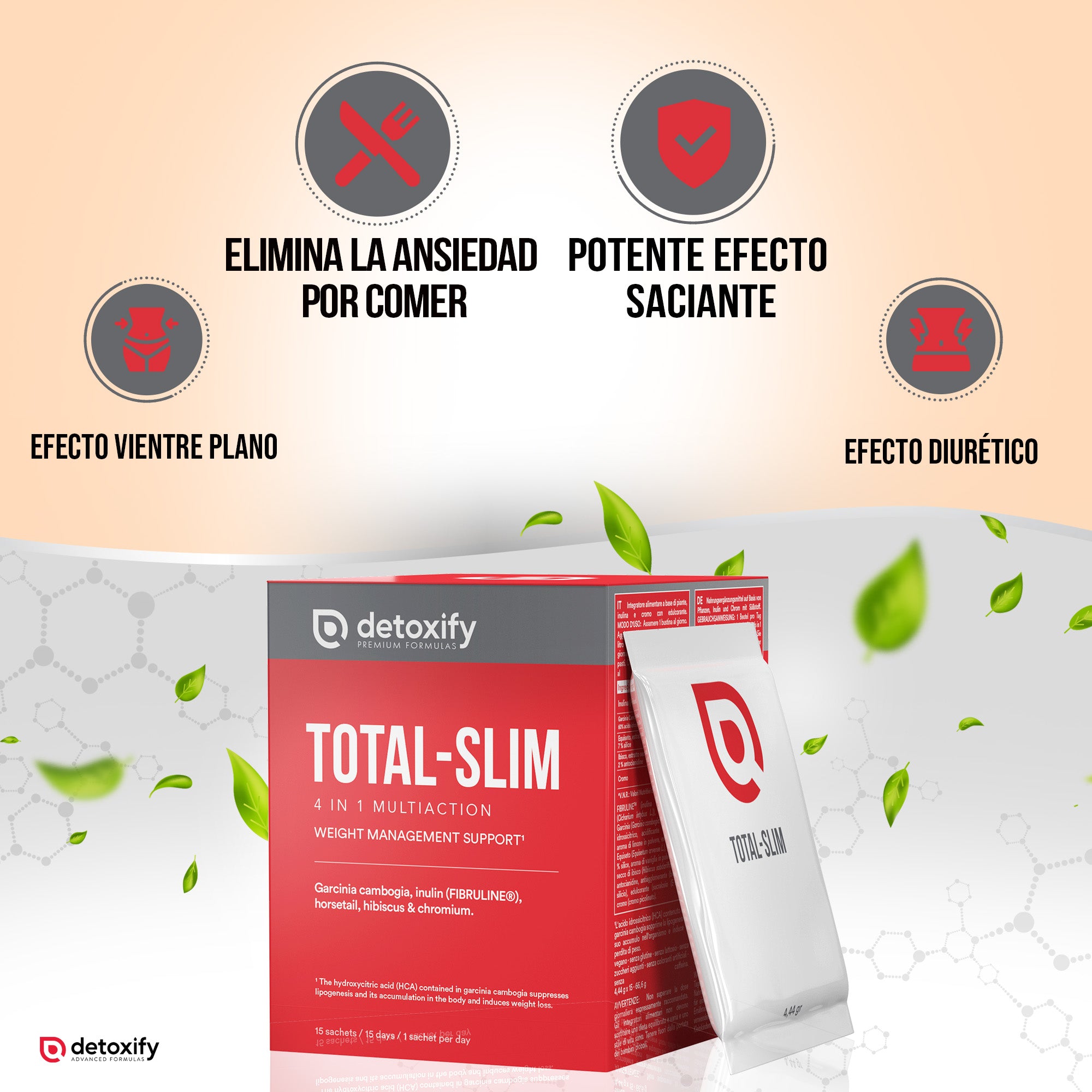 Detoxify Total-Slim | Quemagrasas Potente para Adelgazar | Potente Saciante en Sobres | Garcinia Cambogia Cromo Cola de Caballo Hibisco | Adelgazar Rápido y Efectivo Mujer | 15 Días