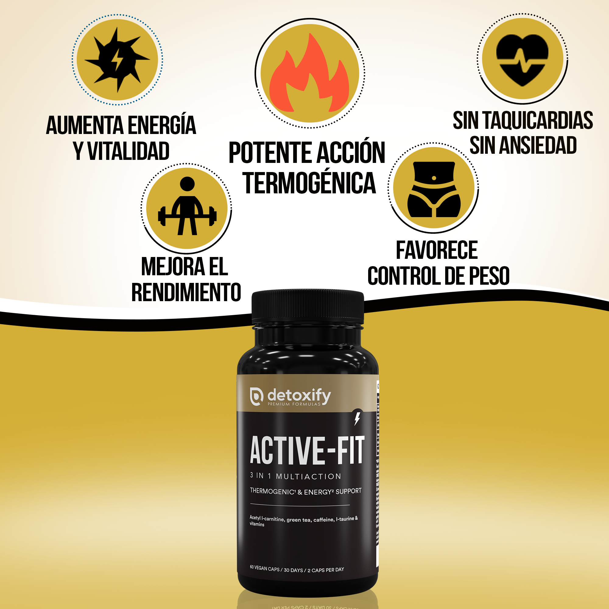 Detoxify Active-Fit | Termogénico Potente Para Adelgazar | L-Carnitina, Té verde | Adelgazar Rápido y Efectivo Mujer | 60 Cápsulas | 30 Días