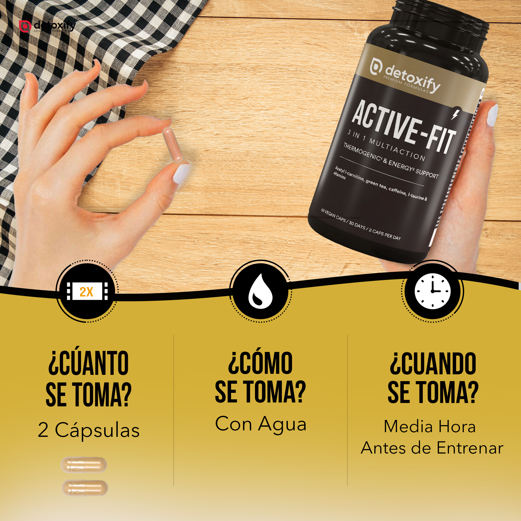 Detoxify Active-Fit | Termogénico Potente Para Adelgazar | L-Carnitina, Té verde | Adelgazar Rápido y Efectivo Mujer | 60 Cápsulas | 30 Días