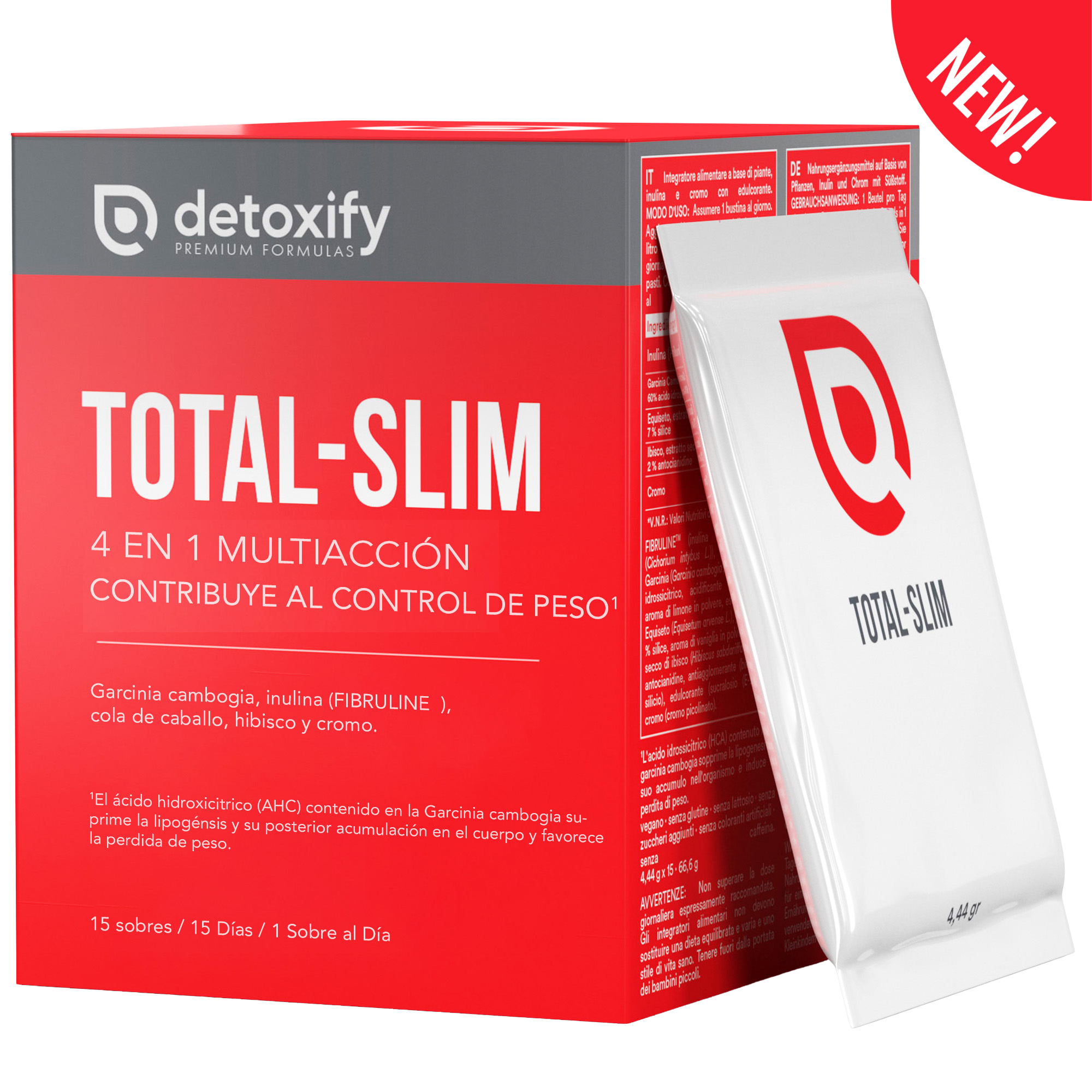 Detoxify Total-Slim | Quemagrasas Potente para Adelgazar | Potente Saciante en Sobres | Garcinia Cambogia Cromo Cola de Caballo Hibisco | Adelgazar Rápido y Efectivo Mujer | 15 Días